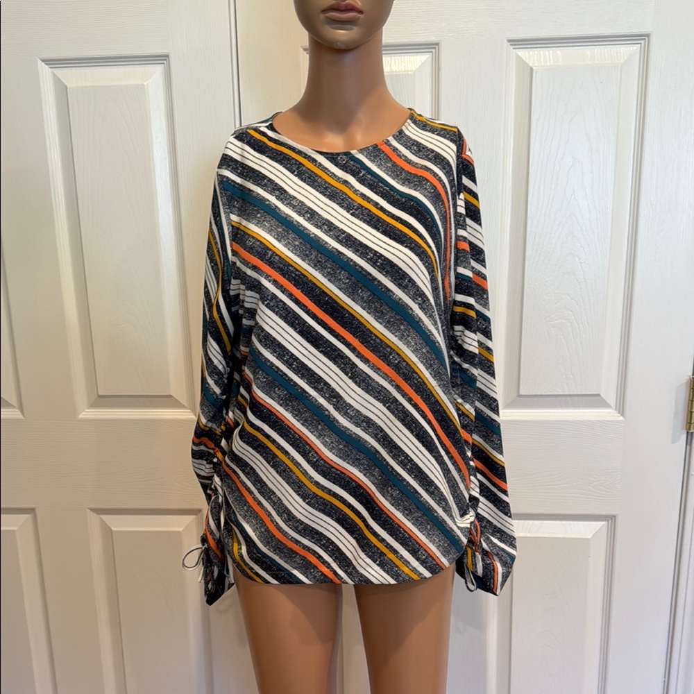 Halogen Navy Blue and White Striped Long Sleeve Blouse